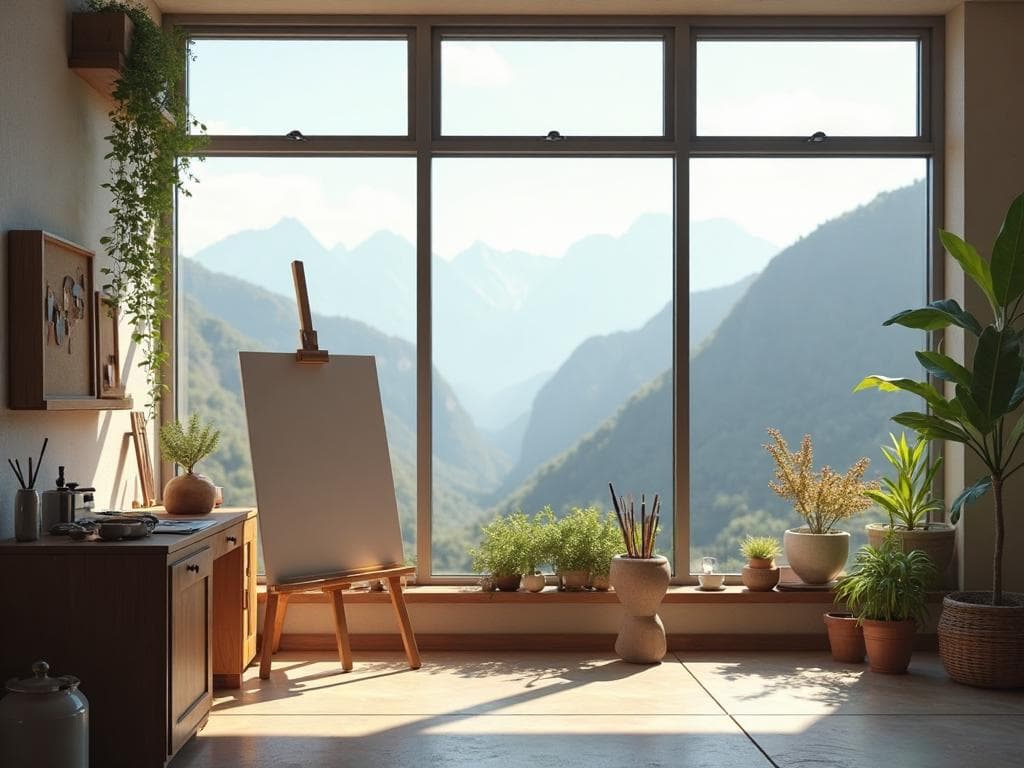 An artist's studio with canvas, paints, and natural light