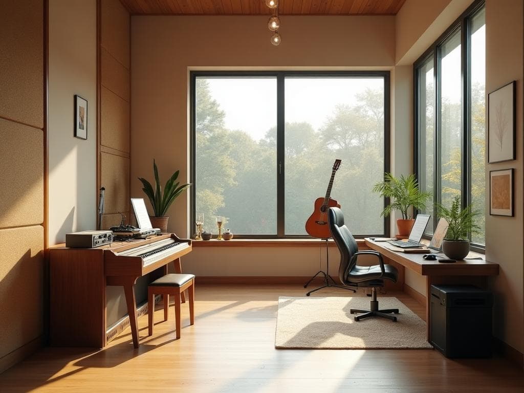 A musician's studio with instruments and recording equipment