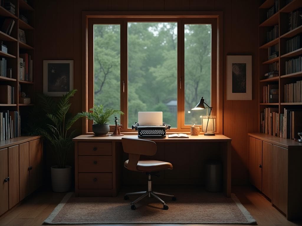 A writer's peaceful workspace with typewriter and books
